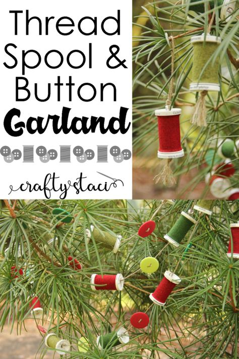 Thread Spool and Button Garland from Crafty Staci #christmascrafts #giftsforpeoplewhosew #feltcrafts #nosew #christmasinjuly Scrap Fabric Ideas, Button Garland, Crafty Staci, Wooden Spool Crafts, Spool Crafts, Winter Holiday Crafts, Wooden Spool, Diy Christmas Tree Ornaments, Unique Christmas Ornaments