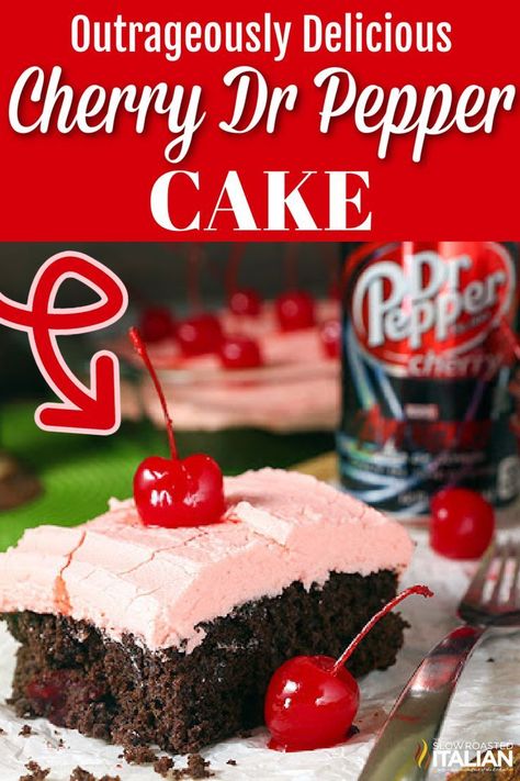 Outrageous cherry Dr Pepper cake from The Slow Roasted Italian is an incredibly flavorful cherry chocolate cake recipe with just 5 ingredients that will blow your mind! The rich, decadent and perfectly tender cake melts in your mouth. Topped with homemade maraschino cherry frosting is it truly a flavor explosion. Cherry Dr Pepper Cake, Cherry Dr Pepper, Dump Cake Recipes Chocolate, Dr Pepper Cake, Cherry Frosting, Cake Mix And Soda, Chocolate Dump Cake, Slow Roasted Italian, Chocolate Cherry Cake