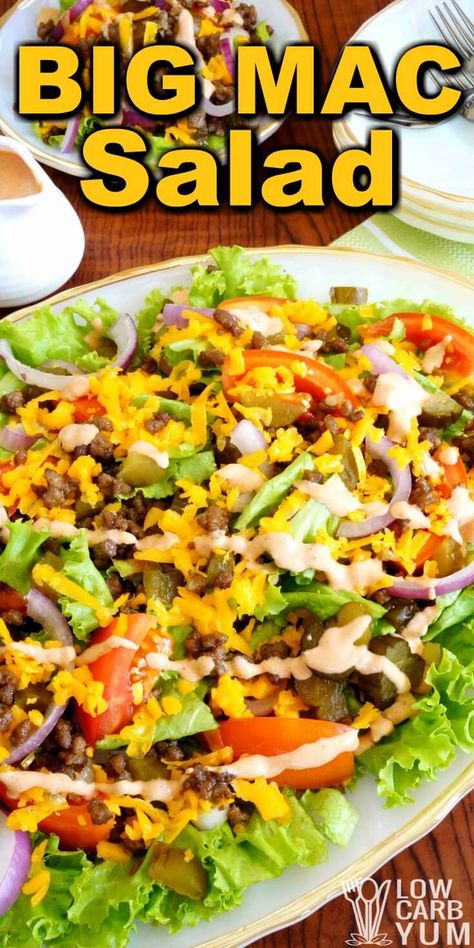 Try this Big Mac salad when you're in the mood for one of the famous fast food burgers. It's easy to assemble this low carb hamburger salad at home. | LowCarbYum.com via @lowcarbyum Cheese Burger Salad, Hamburger Salad, Recipes Hamburger, Salad At Home, Low Carb Potatoes, Big Mac Salad, Keto Fast Food, Burger Salad, Mac Salad