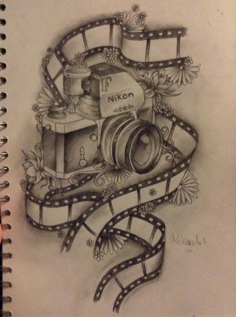 Tattoo design from #KokoaArt (camera and film) Vintage Camera Tattoos, Vintage Cameras Art, Camera Tattoo Design, Stary Papier, Fotocamere Vintage, Camera Tattoos, Camera Drawing, Arte Doodle, Camera Tattoo