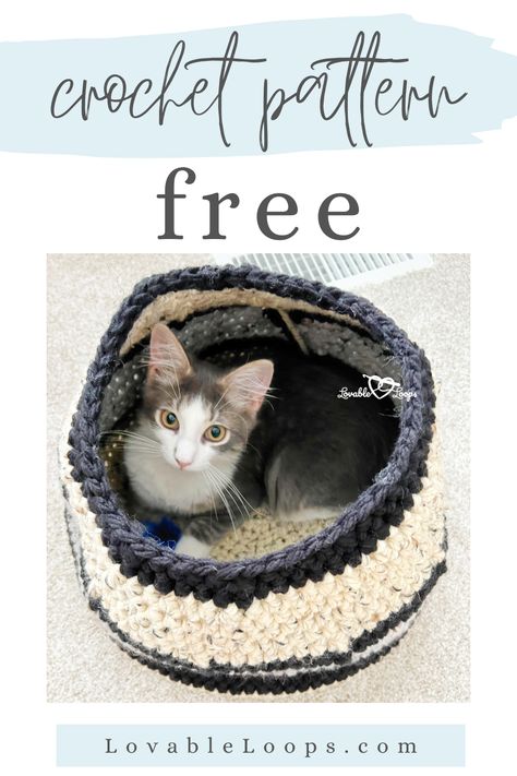 lovable loops free Cat Hideaway Crochet Basket Pattern Free Cat Bed Crochet Pattern, Crochet Cat Hammock Tutorial, Crochet Cat Cave Pattern Free Pet Beds, Crochet Cat Hideaway, Crocheted Cat Bed, Crochet Cat Pod Free Pattern, Things To Crochet For Cats, Chubby Cat Crochet Pattern, Crochet Stuff For Cats