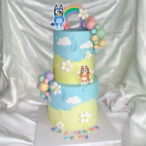 Bluey Birthday Cake 😊💙🐶 - details - Size: Two tier (6” tall top, 8” tall bottom) Flavor: Chocolate Buttercream: Chocolate (crumbcoat), Vanilla (outer) . . . . . #bluey #blueycake #toddlercake #birthdaycake #bingocake #blueybingo #tallcake #cake Bluey Birthday Theme, Bluey Birthday Cake, Bingo Cake, Buttercream Chocolate, 3 Tier Cake, Second Birthday Ideas, Tall Cakes, Bluey Birthday, Second Birthday