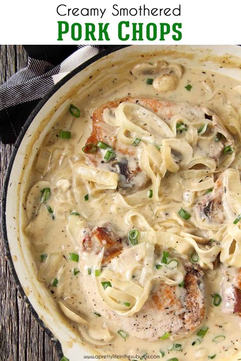 Boneless Pork Chop Pasta Recipes, Rolled Pork Chops, Pork Chops And Mushrooms Recipes, Family Running, Tender Pork Chops, Smothered Pork, Fettuccine Noodles, Smothered Pork Chops, Onion Sauce