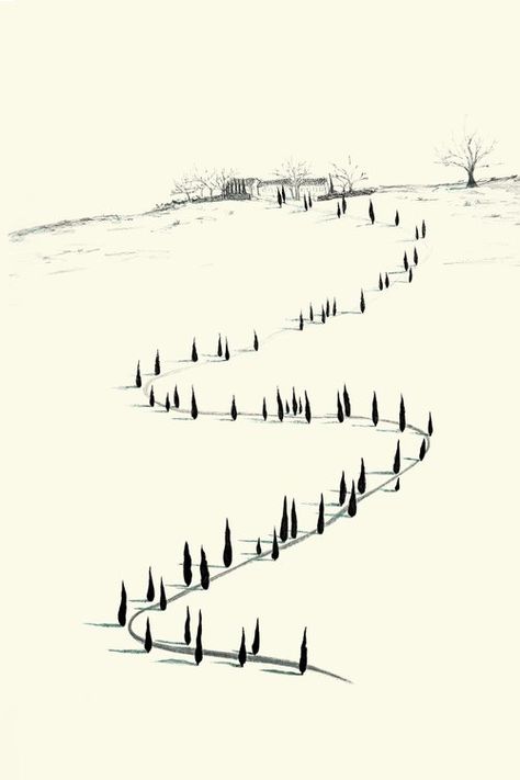 a winding road lined with cypress trees in Italy Winding Road Tattoo, Tuscany Tattoo, Cypress Tree Tattoo, Road Tattoo, Cyprus Trees, Doodle Animation, Travel Doodles, Scale Tattoo, D Tattoo