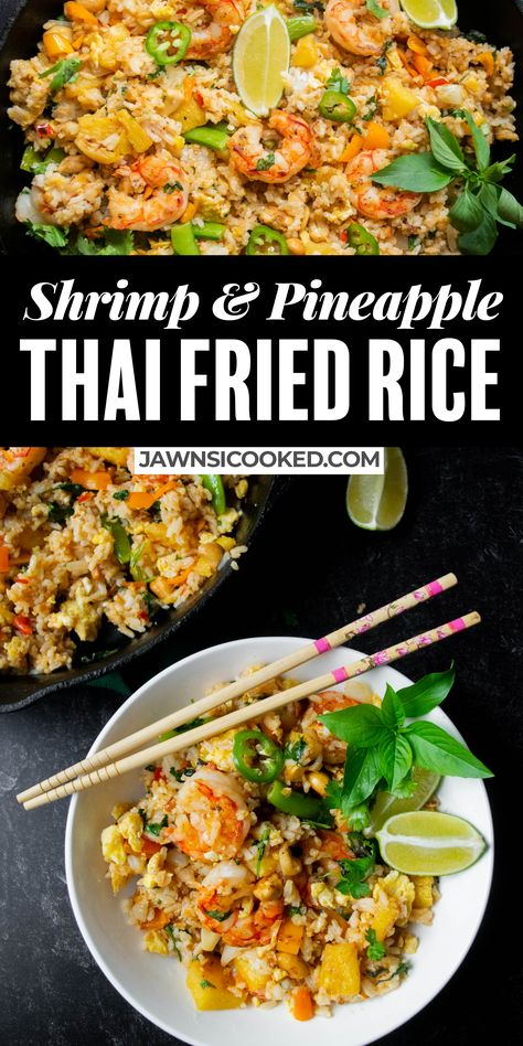 With sweet, caramelized pineapple, succulent shrimp, crunchy cashews and plenty of fresh herbs- this Shrimp and Pineapple Thai Fried Rice is way better than takeout, and comes together in just 20 minutes! Thai Fried Rice Recipe, Pineapple Rice Recipes, Recipe With Basil, Shrimp And Pineapple, Prawn Fried Rice, Pineapple Fried Rice Recipe, Caramelized Pineapple, Shrimp Fried Rice Recipe, Shrimp And Rice Recipes