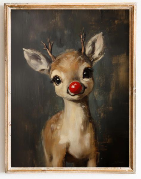 Christmas Drawing Reindeer, Christmas Dog Paintings Easy, Easy Reindeer Painting, Rudolf Painting, Easy Santa Painting, Baby Deer Drawing, Rudolph Painting, Christmas Mini Canvas, Reindeer Painting