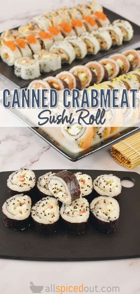 Canned crabmeat sushi maki roll Sushi Recipes California Roll, Crabmeat Recipes, Crabmeat Salad, Sushi Crab, Spicy Crab Roll, Sriracha Mayo Sauce, Crab Salad Sandwich, Crab Sushi, Canned Crab Meat