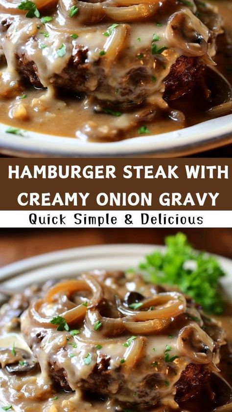 HAMBURGER STEAK WITH CREAMY ONION GRAVY Hamburger Steak With Creamy Onion Gravy, Steak Fries And Gravy, Turkey Burger And Gravy, Hamburger Steak With White Gravy, Hamburger Steak Lipton Onion Soup, Hamburger Steak With French Onion Soup, Hamburger Steak Baked In Oven, Oven Hamburger Steak And Gravy, Easy Hamburger Steak And Gravy