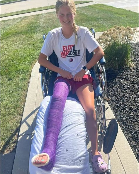 Beth is out for the season again, but seems really happy with big purple cast. Leg Cast Outfit, Ankle Cast, Cast Decoration, Full Body Cast, Long Leg Cast, Army Ranks, Leg Cast, Body Cast, Foot Injury