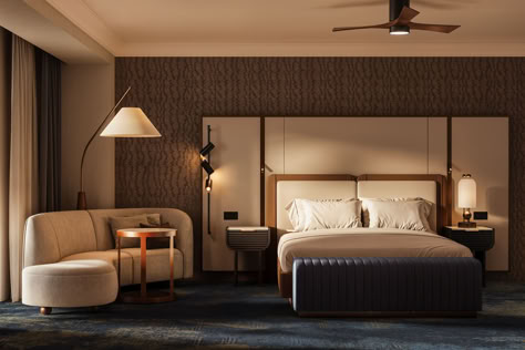 A luxurious guest room featuring a cozy bed, warm wood accents, and ambient lighting, rendered with exceptional attention to detail Luxury Hotel Room Design, Luxury Guest Room, Bedhead Wall, Pearl House, Hotel Guestroom, Hotel Room Interior, Bedroom Details, Berlin Apartment, Luxury Hotel Room