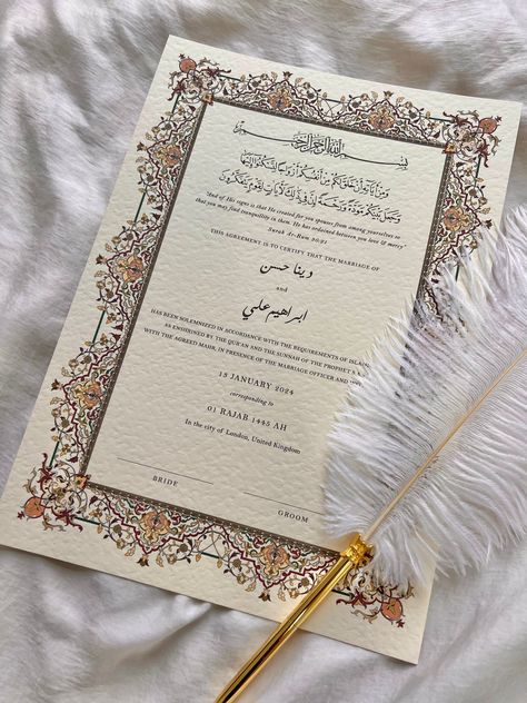 Feather Pens, Nikkah Certificate, Wedding Contract, Nikah Decor, Muslim Marriage, Simple Wedding Bouquets, Photoshop Design Ideas, Personalized Couple Gifts, Islamic Wedding