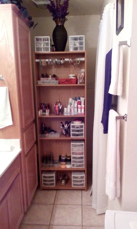 Bookshelf In Bathroom Ideas, Bookshelf Makeup Organization, Bookshelf Vanity, Argument Quotes, Bathroom Makeup Storage, Hippie Bedroom Decor, Vanity Diy, Small Room Makeover, Bathroom Redecorating