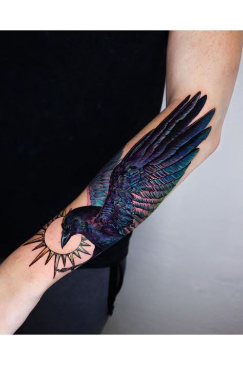 Raven Color Tattoo, Colorful Raven Tattoo, Colorful Half Sleeve Tattoo, Plur Tattoo, Raven Tattoo Feminine Arm, It Is Finished Tattoo, Color Tattoo Sleeve, Tattoo Sleeve Color, Colorful Sleeve Tattoos