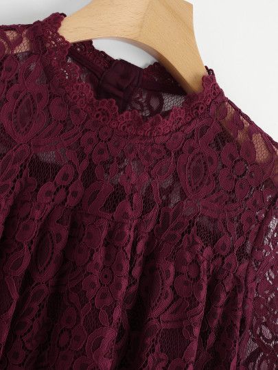 Flounce Sleeve Eyelash Lace Top -SheIn(Sheinside) Maroon Aesthetic, Top Aesthetic, Maroon Lace, Top Shein, Smock Top, Dressed To Kill, Aesthetic Beauty, Flounce Sleeve, Women Blouses