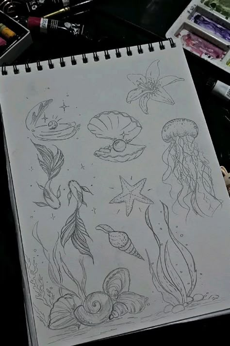 Bottom Of The Ocean Drawing, Drawing Ideas Sea, Marine Life Drawing, Pretty Sketches, Summer Sketches, Ocean Drawing, Piskel Art, Sketchbook Sketches, Drawing Book