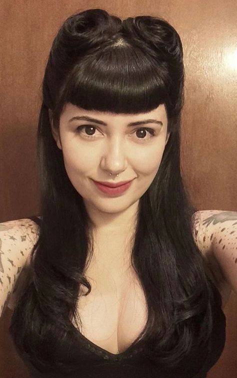 Bettie Bangs Hairstyles, Long Hair Edgy, Pinup Bangs, Dark Waves, Intricate Braids, 50s Hairstyles, Gothic Hairstyles, Unique Looks, Goth Hair