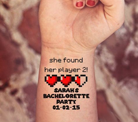 ♥ Personalized Bachelorette Party tattoo for the bride-to-be who knows that Zelda is the girl. ♥ This listing has multiple quantities available, Video Game Bachelor Party, Video Game Couple Tattoos, Bachelorette Party Shirts Nerdy, Lesbian Wedding Games, Lesbian Bachelorette Party Ideas Games, Bachelorette Crown, Party Tattoo, Bachelorette Party Tattoo, Gamer Wedding