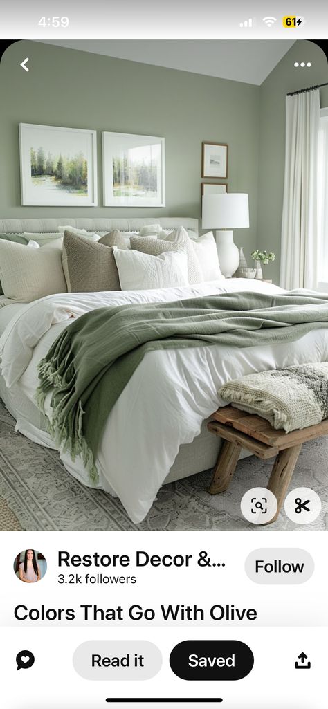 White Comforter With Green Accents, Light Green And Beige Bedroom, White Bedding Green Accents, Bedroom Inspirations Master Sage Green Colour, White Grey And Green Bedroom, Beige And Olive Green Bedroom, Gray And Sage Bedroom, Green And White Bedroom Aesthetic, Grey And Sage Green Bedroom