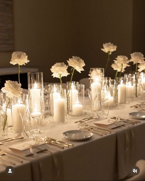 Elegant Long Table Centerpieces, Flower And Candle Table Decor, Candle Centerpieces Wedding Long Table, Civil Wedding Decoration Simple, Wedding Centerpieces Candles And Flowers, Candle Heavy Wedding Centerpiece, Wedding Table Set Up Layout, Candle And Flower Centerpieces, Candle Lit Wedding Reception Romantic