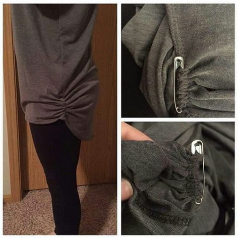 Use a safety pin to give an extra large T-shirt a ruched look. | 17 Brilliant Wardrobe Tricks From Instagram Shirt Hacks, Diy Vetement, Mode Casual, Diy Clothing, Fashion Hacks, Lularoe Styling, Lula Roe Outfits, Refashion Clothes, Clothing Hacks