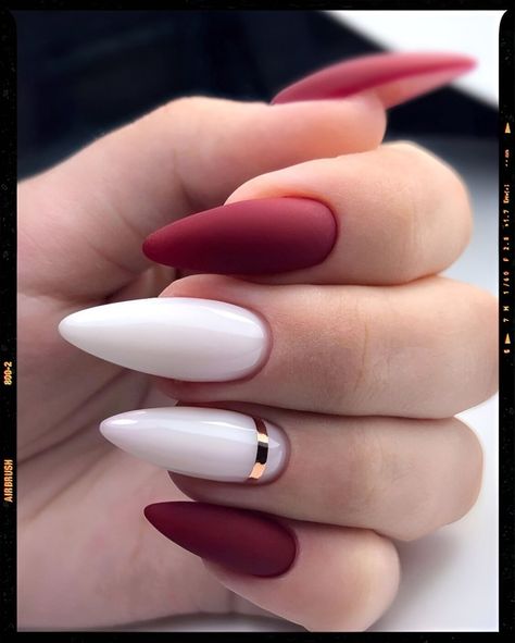 Red And White Nails, Maroon Nails, Spring Acrylic Nails, Almond Nails Designs, Classy Nails, Pretty Acrylic Nails, Chic Nails, Nail Arts, Short Acrylic Nails