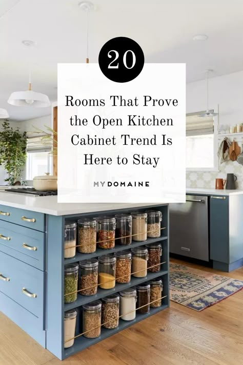 Open Kitchen Organization Ideas, Open Shelving Bottom Cabinets Kitchen, Kitchen Without Built In Cabinets, Open Cabinet Storage, Base Cabinet Open Shelving, No Top Cabinets Kitchen Open Shelving, Open Shelf In Kitchen Upper Cabinets, Open Kitchen Cabinets Ideas Farmhouse, Open Shelves End Of Cabinets