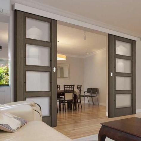 Double Sliding Doors Internal, Sliding Door Between Kitchen And Living Room, Indoor Sliding Doors, Sliding Door Window Treatments, Sliding Door Design, Contemporary Doors, Room Divider Doors, Doors Interior Modern, Double Sliding Doors