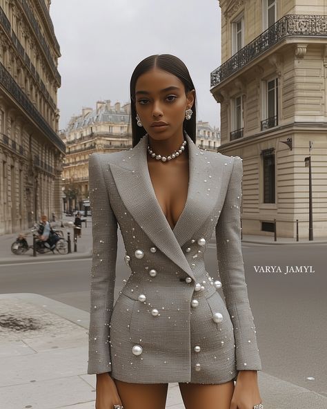 Elegant Bold Outfit, Pearl Blazer Dress, High Fashion Looks Outfit, Woman's Suit Outfit, Unique Style Inspiration, Resort 2025 Fashion Trends, Pearl Dress Outfit, One Piece With Jacket, Women Suits Design