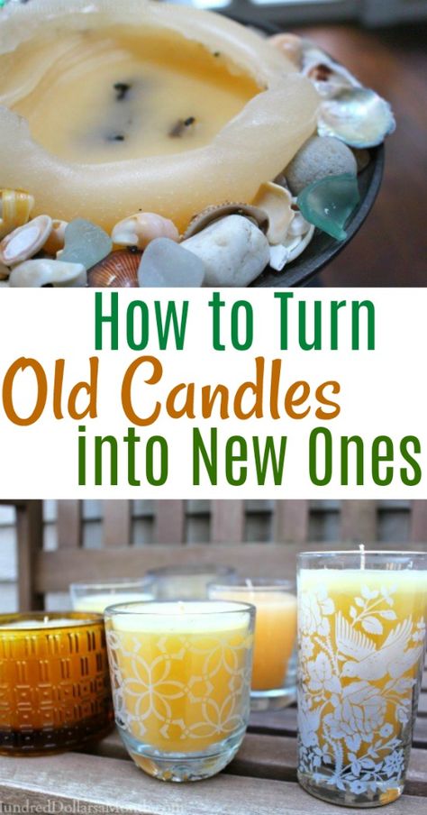 How to Turn Your Old Candles into New Ones - One Hundred Dollars a Month Diy Candles From Old Candles, Candles Melting, Homemade Candle Recipes, Candle Reuse, Recycle Candles, Candle Making Recipes, Diy Candles Homemade, Homemade Scented Candles, Making Candles Diy