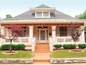 Beautiful Bungalows | HGTV Urban Oasis 2015: Behind the Design | HGTV Urban Oasis 2015 in Asheville, North Carolina Bungalow Curb Appeal, Beautiful Bungalows, Bungalow Pictures, Exterior Bungalow, Craftsman Landscaping, Exterior Balcony, Craftsman Style Doors, Brick Fence, Craftsman Bungalow