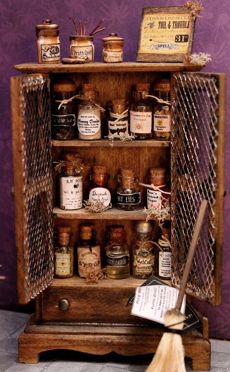 . Potion Cabinet, Witches Cottage, Halloween Apothecary, Haunted Dollhouse, Apothecary Cabinet, Theme Harry Potter, Halloween Miniatures, Witch House, Miniature Diy