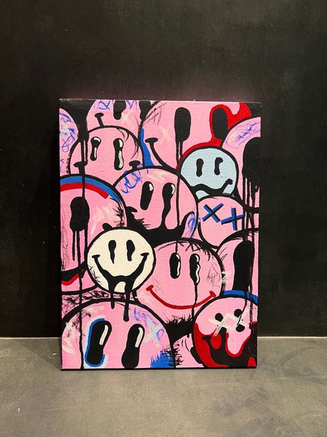 Smiley Face Canvas Painting, Canvas Painting Trippy, Face Canvas Painting, Cool Canvas Art, Painting Trippy, Graffiti Canvas Art, Art Trippy, Trippy Drawings, Trippy Painting