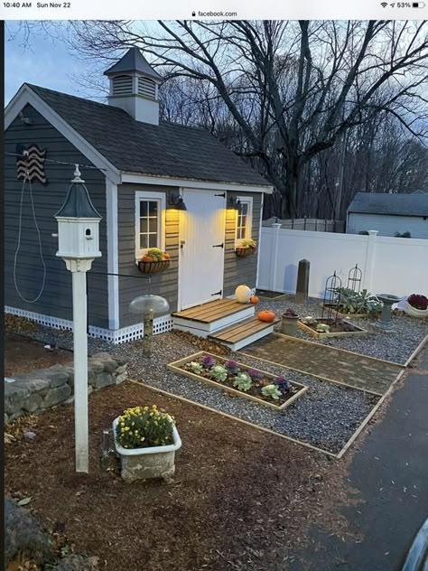 Garden Shed Built Into Hillside, Tiny Home Landscaping Ideas, She Shed Outside Decor, Exterior Shed Decor, Flowers Around Shed, Decorate Shed Exterior, She Shed Porch Ideas, Shed Outside Decor Ideas, Outdoor Shed Decor