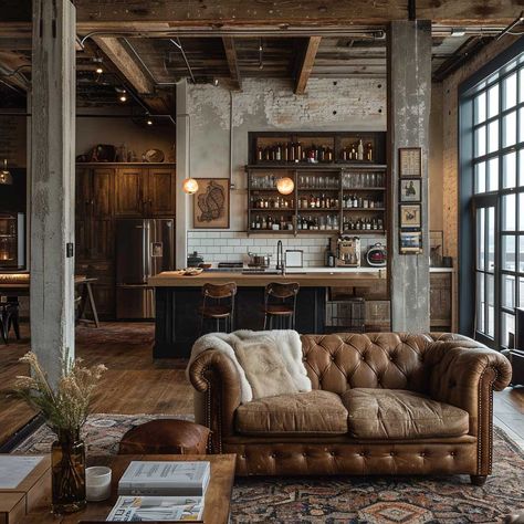 Blending Past and Present in Chic Vintage Style Home Designs • [ArtFacade] Vintage Style Interior Design, Modern Warehouse Design, Eclectic Industrial Decor, Industrial Kitchen Ideas, Industrial Chic Living Room, Vintage Industrial Interior, Industrial Farmhouse Living Room, Sala Vintage, Farmhouse Living Room Ideas