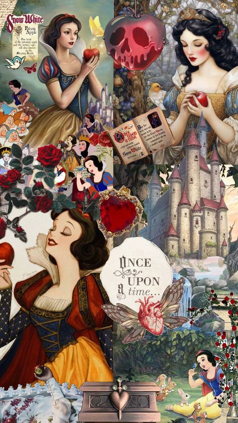 Disney Asthetics Wallpaper, Disney Princess Christmas Wallpaper, Snow White Symbols, Disney Wallpaper Snow White, Snow White Background, Snow White Phone Wallpaper, Disney Princess Collage, Snow White Collage, Snow White Art Illustration