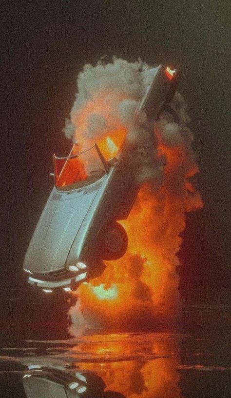 Hell Yeah Core Wallpaper, Car Flying Off Cliff, Aesthetic Fire Pictures, Car Crashing Aesthetic, Fire Aesthetic Background, Car On Fire Aesthetic, Car On Fire, Dreamcore Aesthetic, Nightclub Aesthetic