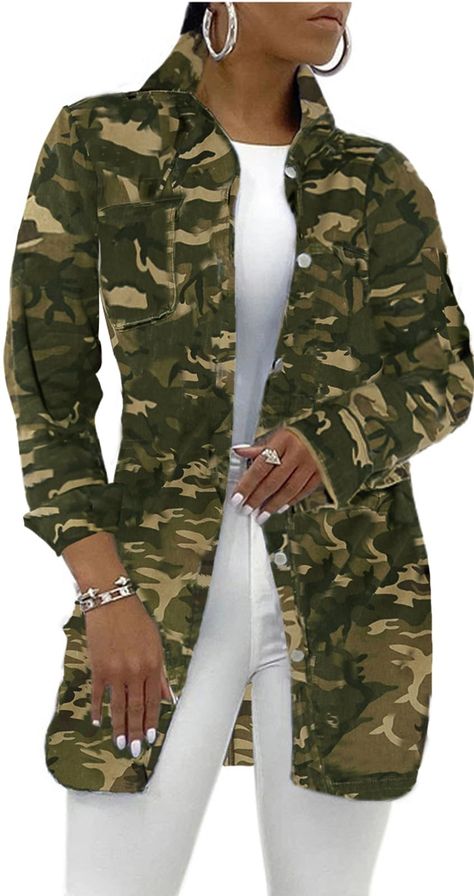 T Shirt Jumpsuit, Camouflage Coat, Oversized Jean Jacket, Long Sleeve Denim Jacket, Womens Jackets Casual, Camouflage Jacket, Camo Fashion, Jean Jacket Women, Beach Maxi Dress