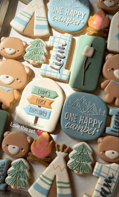 First Birthday Camping Theme, Happy Camper Birthday Party, Camping Theme Birthday, Baby First Birthday Themes, First Birthday Cookies, One Happy Camper, Boys First Birthday Party Ideas, Camping Theme Party, Camping Birthday Party