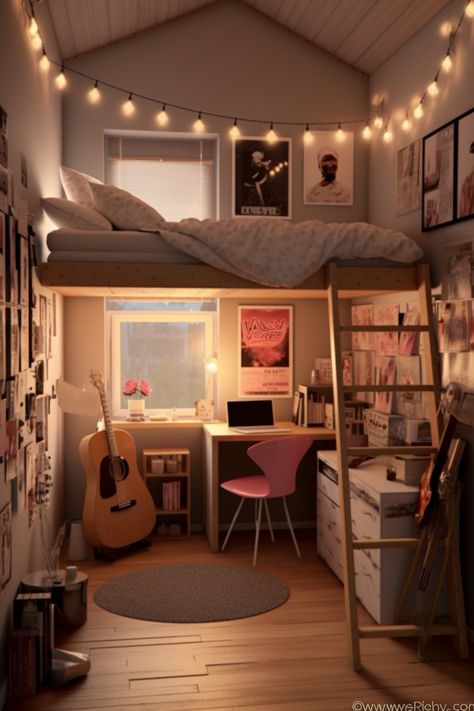 Cosy bedroom with a touch of refinement. Two Loft Beds In One Room, Small Box Room Ideas, Small Bedroom Designs For Teens, Cozy Loft Bed, Room Ideas For Teens, Teen Girl Room Ideas, Loft Bedroom Decor, Cozy Teen Bedroom, Loft Beds For Teens