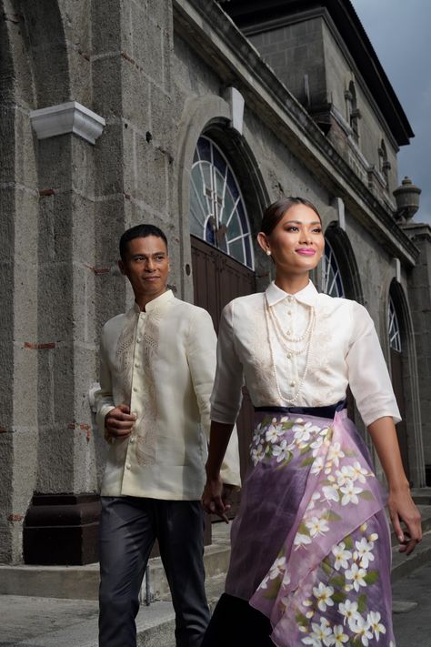 Hand-embroidered barong on him. Embroidered barong on her, hand-painted pinasilk shawl over silk skirt Hand Painted Filipiniana, Barong Filipiniana, Med Gala, Gown Inspiration, Graduation Photoshoot, Traditional Clothes, Silk Skirt, Architectural Design, Traditional Outfits