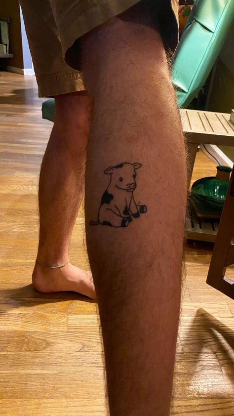 Calf On Calf Tattoo, Calf Cow Tattoo, Tiny Cow Tattoo, Little Cow Tattoo, Donkey Tattoo, Reading Tattoo, Calf Tattoo Men, Cow Tattoo, Tattoos Inspo