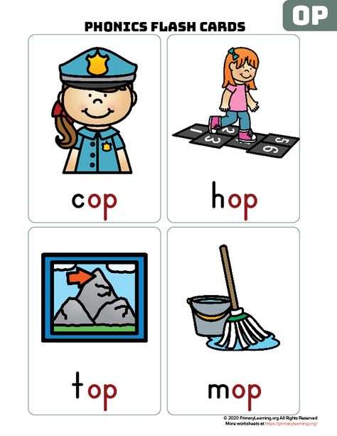 OP #wordfamily #flashcards help students learn to read. Words: cop, hop, mop, pop, top. #phonics #primarylearning #kindergarten https://primarylearning.org/worksheet/op-word-family-flash-cards/ Op Word Family, Rhyming Picture Cards, Ap Word Family, Cvc Words For Kindergarten, Kindergarten Flash Cards, Word Family Reading, Kindergarten Vocabulary, Kindergarten Word Families, Phonics Worksheets Free