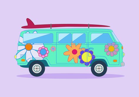 Vw Bus Art, Hippie Images, Bus Cartoon, Bus Art, Vintage Bus, Hippie Bus, Vector Art Design, Hippie Culture, Hippie Van