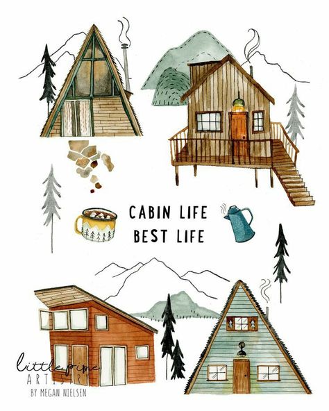 Watercolor Cabin, House Doodle, Cabin Wall Decor, Cabin Art, Winter Illustration, House Illustration, Cottage Art, Cabin In The Woods, Arte Inspo