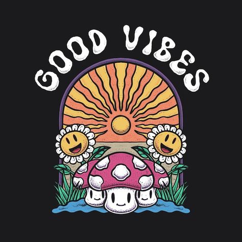 Good vibes illustration mushroom and sun... | Premium Psd #Freepik #psd #good #motto #groovy #positive Mushroom Illustration Art, Mushroom Graphic Design, Retro Mushroom Art, Summer Graphic Tee With Mushroom Print, Summer Graphic Tee With Mushroom Design, Groovy Mushroom Art, Cotton Summer T-shirt With Mushroom Design, High Vibes, Alien Art