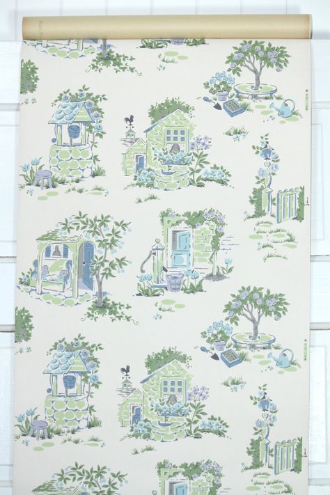 1950s Vintage Wallpaper by the Yard Novelty Kitchen Wallpaper Blue and Gren Stone Cottage and Garden - Etsy Kitchen Wallpaper Blue, Dynamic Expressions, Toile Wallpaper, Toile Pattern, Antique Wallpaper, Stock Wallpaper, Wallpaper Patterns, Stone Cottage, Kitchen Wallpaper