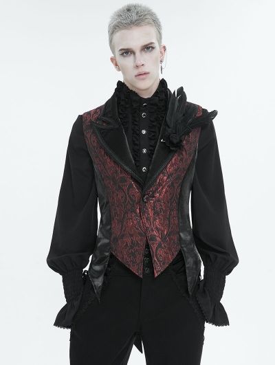 Wine Red Gothic Retro Feather Party Swallowtail Waistcoat for Men Men Red And Black Outfit, 18th Century Gothic Fashion, Jewel Toned Clothes, Black And Red Clothing, Romantic Goth Fashion Men, Dark Clothes Men, Emo Prom Suit, Vampire Clothes Men, Male Whimsigoth