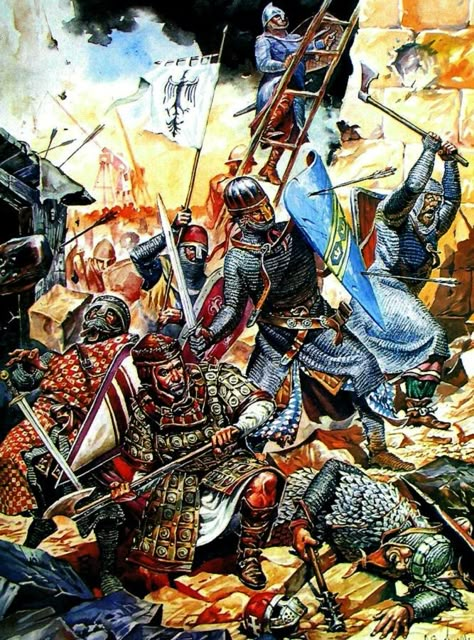 The Siege of Acre was one of the first confrontations of the Third Crusade, lasting from August 28, 1189 until July 12, 1191, and the first time in history that the King of Jerusalem was compelled to personally see to the defense of the Holy Land. It was also the deadliest event of the whole period of the Crusades for the Christian ruling class of the east. Military Illustration, Medieval Warfare, Knight Templar, Historical Warriors, High Middle Ages, The Crusades, Medieval Ages, Medieval Knights, Ancient Warfare