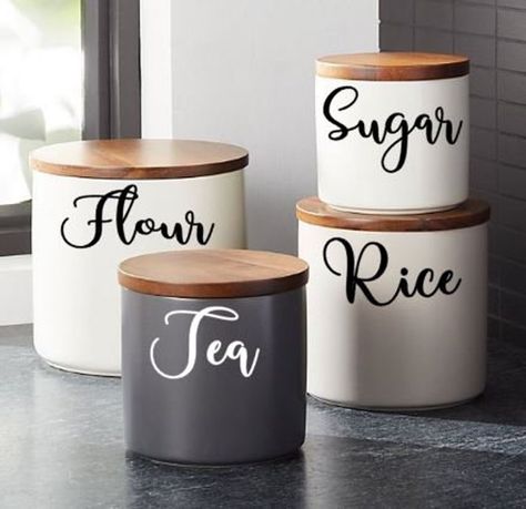 Stay organized with personalized labels for your kitchen containers! Labels come in many different sizes, fonts, and colors. Any word or words can be used! Pantry Door Decals, Pantry Decal, Wooden Canisters, Kitchen Decal, Canister Labels, Pantry Decor, Kitchen Decals, Wine Glass Decals, Storage Labels