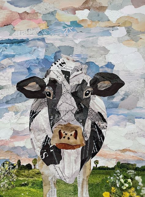 Collage Landscape, Simple Collage, Art Trading Cards, Collage Art Projects, Paper Collage Art, Landscape Art Painting, Collage Art Mixed Media, Cow Art, Camping Art